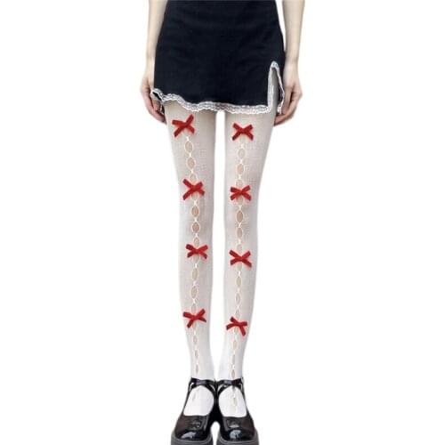 2021 New Japanese Lolita Women Fishnet Tights Hollow Out Hole Velvet Bowknot Jacquard Stockings Kawaii Mesh Cosplay Pantyhose