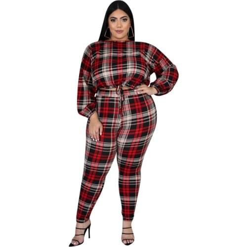 Adogirl Women Plus Size L-3XL Plaid Print Casual Two Piece Set Autumn Long Sleeve Drawstring Short Top Pencil Pants Suit