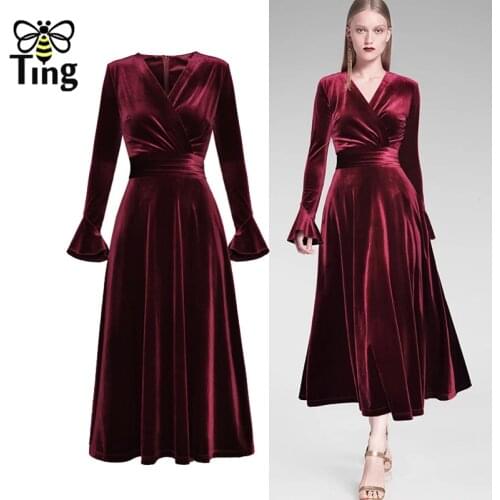 Tingfly Designer Runway Vingtage Velvet Party Dresses Lady Elegant V neck Flare Full Sleeve A Lime Midi Dress Tea Length Vestido