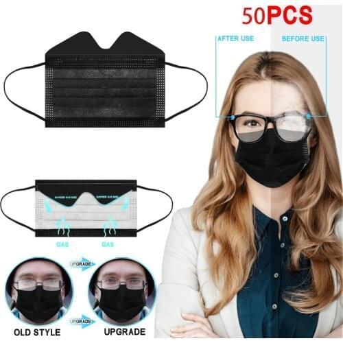 50pc Black Disposable Masks For Glasses Anti-fog 3-layer Mouth Mask For Face Adult Women Men Facemask Halloween Cosplay