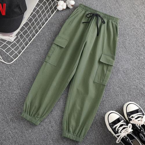2020 Spring Autumn Kids Girls Cargo Pants Pure Color Trousers Pocket Loose Sport Pants Elastic Waist Children Casual Pants W357