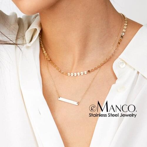 E-Manco Two Layers pendant 36L Stainless Steel Necklaces Chain Choker Round shape Gold Color Bead Necklace for Women jewelry