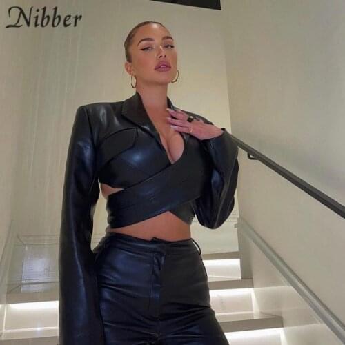 Nibber 2021 Autumn Cool Women Fashion PU Leather Jacket New Long Sleeve V Neck Short Coat Streetwear Office Lady Slim Stretch