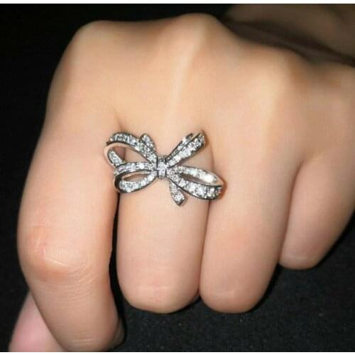 Silver Color Bowknot Cute Rings with Zircon Stone for Women Wedding Engagement Fashion Jewelry 2020 New S925