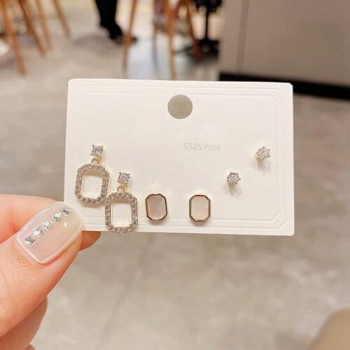 Trendy 3 Pairs Natural Shell Geometric Women Earrings Set Gold Color Cubic Zirconia Stud Earrings Jewelry