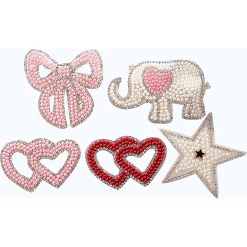 Handmade Rhinestone Beaded Heart Bow Star Patches Sew on Crystal Pearl Patch for Clothing Beading Applique Cute Elephant Patch