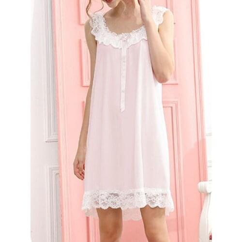 Night Dress Women Sleepwear Vintage Nightwear Girl Cute Casual Loose Soft White Sleep Gown Robe O Neck Lace Sleeveless Nightgown