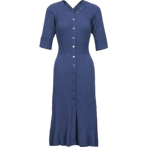 V Neck Solid Knitted Single-breastedDresses Casual All Match Simple Fashion Korean Women Dress Elegant Half sleeve New Clothes