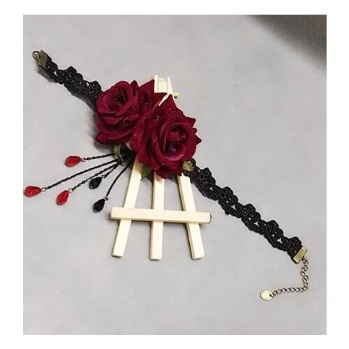 Black Lace Lolita KILL of Wine RED Vampire rose crystal Liu Su Lian Necklace Choker
