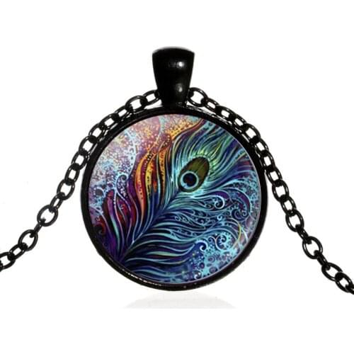 Fashion Ethnic Style Colorful Peacock Feather Round Glass Pendent Necklace for Women Men Girls Kids Neck Jewelry Gift Wholesale