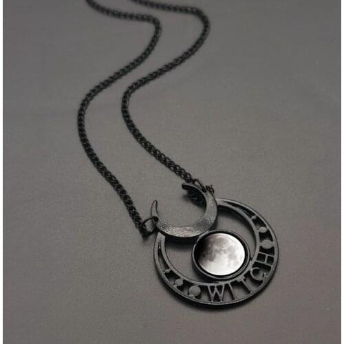 Punk Gothic Witch Dark Lunar Eclipse Necklace Triple Moon Goddes Blue Stone Necklace Women Black Necklaces Pendants Jewelry Gift