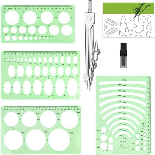 Imzay Templates Measuring Geometry Ruler Shape Stencils Drawing Set with Professional Compass for School Drawings Drafting