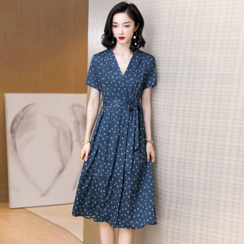 Silk mulberry silk dress summer womens dress high waist thin floral skirt suit collar dress