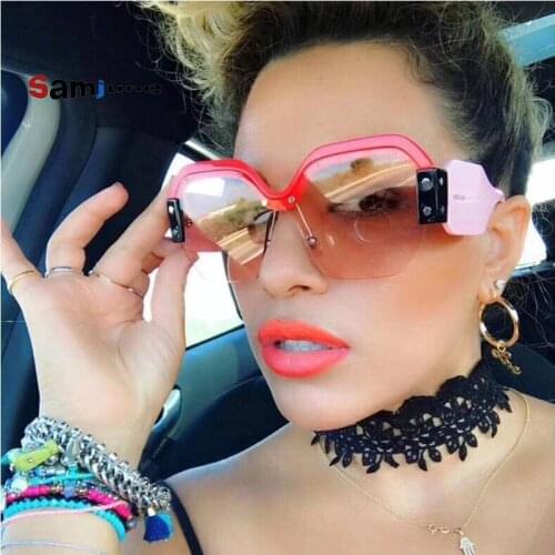 Samjune Sexy Rimless Oversized Sunglasses Women Vintage Red Pink Luxury Brand Sun Glasses For Female Rivet Big Frame Male Shades