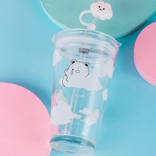 Lovely Clouds Bear Glass Cup Summer Student Female Ins Simple White Clouds Straw Cup Glass Water Bottle Drinkware Kawaii