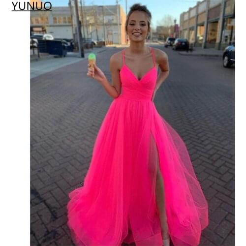YUNUO A Line Hot Pink Tulle Prom Dresses Side Split robe de soirée de mariage Formal Evening Dress Backless Lace Up платье 2021