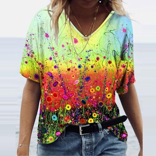 3D Watercolor Landscape Floral Print Women T Shirt 2021 New Summer Short Sleeve V-Neck Loose Tops Casual Plus Size Ladies Tee