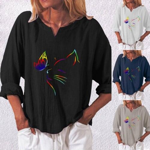 2021 New Fashion Tide Simplicity Cat And Butterfly Printing Linen Round Neck Women Tops Long Sleeve Loose Comfortable T-shirt