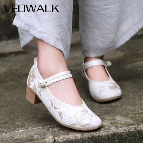 Veowalk Womens Soft Jacquard Block Heel Pumps 4cm High Ankle Strap Ladies Casual Flower Embroidered Shoes Green Beige Pink