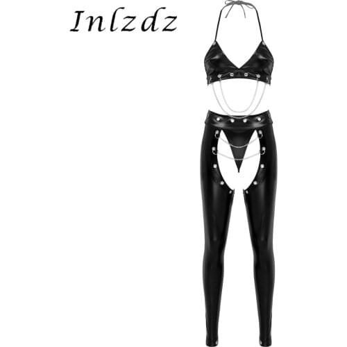 Womens Rave Costume for Pole Dancing Metal Chain Decor Halter Bra with Crotchless Pants G-string Patent Leather Clubwear