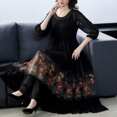 Women Black Mesh Floral Embroidery Elegant Maxi Dress 2021 Spring Vintage 3XL Plus Size Two Piece Dress Bodycon Party Vestidos