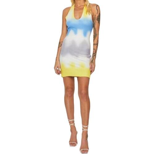 Women Color Block Dress,Sexy Casual Elegant Slim-fit Sleeveless Tie-up Halter Mini Dresses (Yellow) Female Clothing