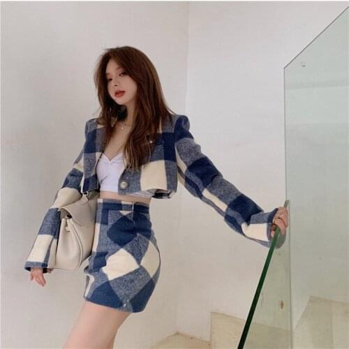 2021 Sweet Woollen Plaid Mini Skirts Summer Women Preppy Style Cute Loose Blue and White Plaid Skirt Sexy Chic High Waist Skirts