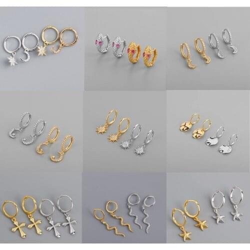 925 Sterling Silver Punk Hip-Hop Star Cross Hoop Earrings For Women Girls Party Jewelry Accessories Wholesale A017