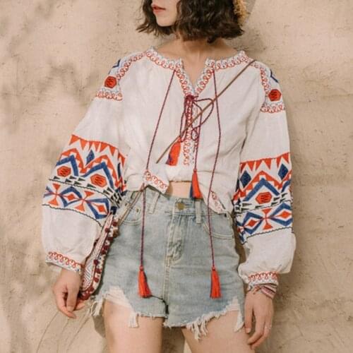 AYUALIN White/Red Cotton Ethnic Embroidery Blouses Shirts Women Lantern Long Sleeve Tassel Vintage Casual Loose Boho Gypsy Blusa