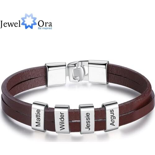 Personalized Engraving Name Bead Bracelet Brown Black Leather Stainless Steel Customized Bracelets for Men Fathers Day Gift