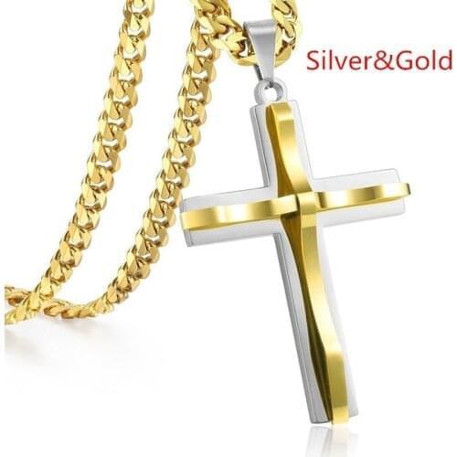 Simple Mens Stainless Steel Cross Pendant Necklace Punk Boys Long Chain Hip Hop Rock Jewelry Party Accessories Gifts Collar