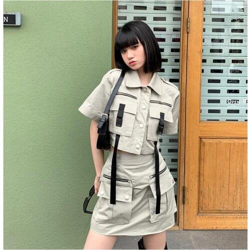 Multi-pocket Jacket Coat Crop Tops and Mini Skirt Two Peice Sets Women Matching Set Summer Outfit 2 Piece Set Casual Tracksuits
