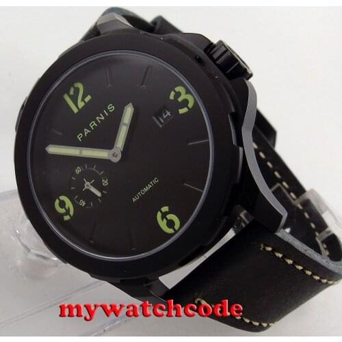 44mm Parnis black dial PVD case Sapphire glass date Automatic Mens Watch P780B