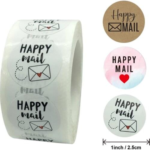 100-500pcs Happy Mail Stickers Scrapbooking1 Inch Round Kraft Stickers Seal Labels Envelope Packaging Labels Stationery Sticker