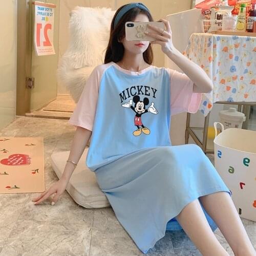 Disney Mickey Mouse Sweet Cute Kawaii Nightgown Robes for Women Short Sleeve Loose Cotton Nightwear Ladies Homewear Night Gown