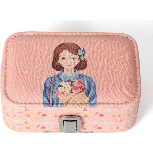 New Dark Pink Cute Girl PU Leather With Makeup Mirror Metal Buckle Jewelry Ring Necklace Storage Box For Birthday Wedding Gifts