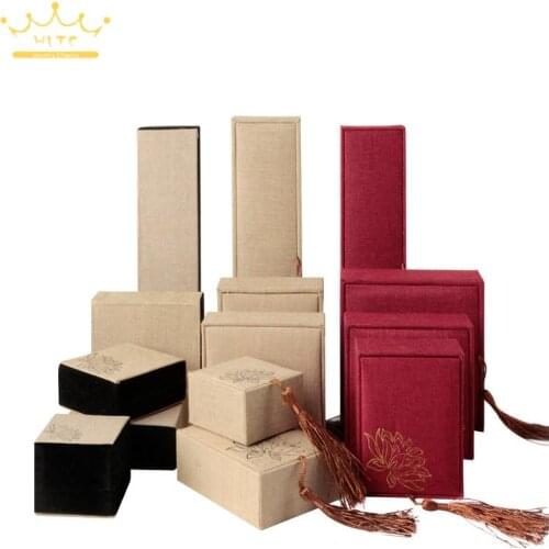 Luxury Tassel Linen Ring Storage Box Rectangular Retro Flax Screen Calligraphy Lotus Ring Organizer Display Gift Box
