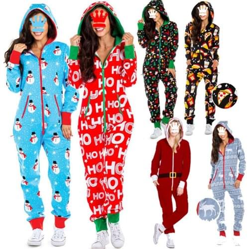 Christmas Jumpsuit Pajamas Women Winter Print Warm Long Sleeve Sleepwear Xmas Cute Zipper Up Hooded Nightwear Home Wear Suits