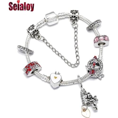Seialoy Fashion Pink Crystal Heart-shaped Arrow Beaded Shiny Cupid Charm Bracelets For Women Girl Original Silver Color Bracelet