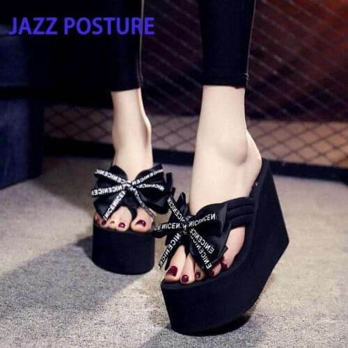 2020 summer womens thick bottom flip-flops bow slippers women 3cm-11cm high heel beach slippers 4 color womens shoes y552