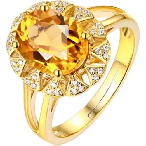 FYJS Unique Light Yellow Gold Color Oval Shape Citrines Resizable Finger Ring for Women with Rhinestone Jewelry