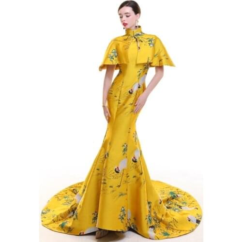 Vestido Oriental Evening Modern Chinese Traditional Dress Women Yellow Cheongsam Long Qipao Robe Chinoise Weddings Traditions