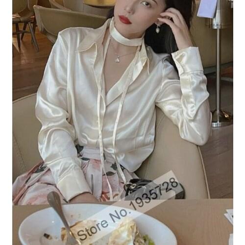 Ladies Long Sleeve Lapel Buttoned Blouse Shirt Top Features Neck With Ties