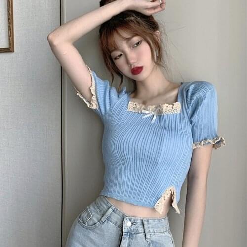 Womens T-shirts Fashion Sweet Bow Lace Trim Tops Fashion Slim Square Collar Short Sleeve Knitted Pullover Solid T Shirt