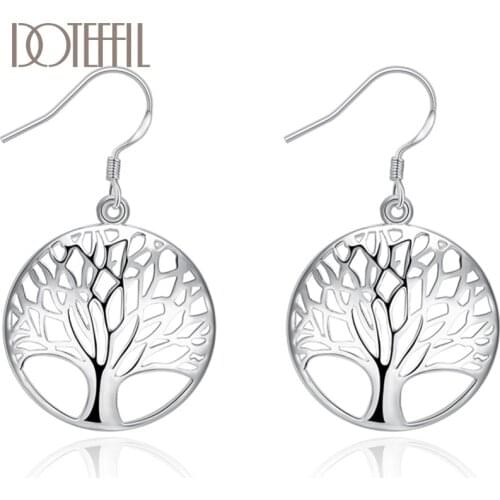 DOTEFFIL 925 Sterling Silver Circle Tree Earring For Women Lady Wedding Engagement Party Fashion Jewelry