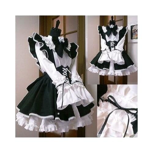 Women Maid Outfit Anime Long Dress Black and White Apron Dress Lolita Dresses Cosplay Costume