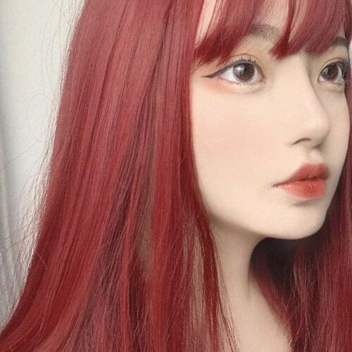 4 Colors Harajuku Lolita Wig Women Red Mint Green Brown Gold Long Straight Hair Fringe Bangs Adult Chic Girls Cosplay Daily Wear