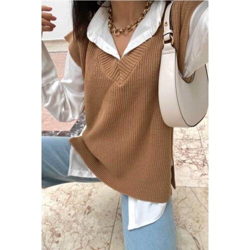 Women V Neck Knitted Sleeveless Casual Outwear Solid Pullover Sweater White Brown Black Autumn Winter Spring Seasons