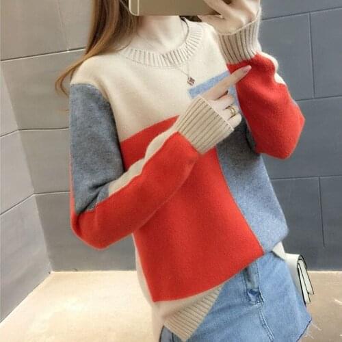 Women Color Block Knit Pullover Sweater Autumn Winter Loose Plus Size O Neck Knitted Tops Female Long Sleeve Jumper Pull Femme