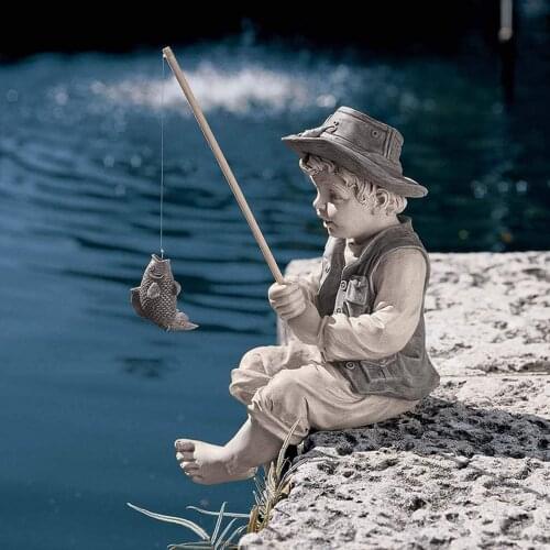 1pcs Garden Statue Cute Resin Fisherman Gone Fishing Boy Garden Sculpture Ornaments DIY Outdoor Garden Sculpture Decor
